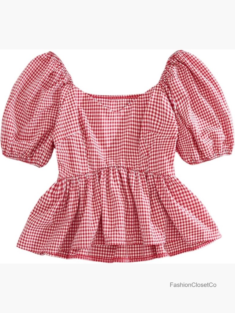 Gingham Babydoll Peplum Top Puff Sleeve Blouse